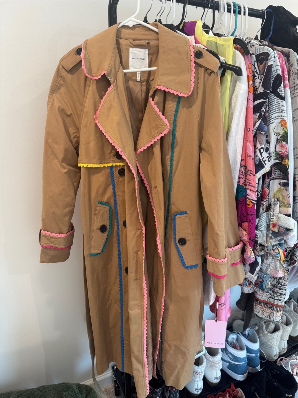 NWT AVEC LES FILLES Tan Trench Coat with Pink Trim and Colorful Accents